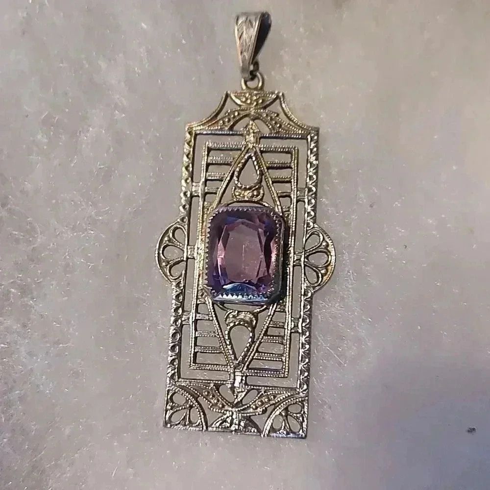 Sterling Silver & Amethyst Deco Necklace Pendant
